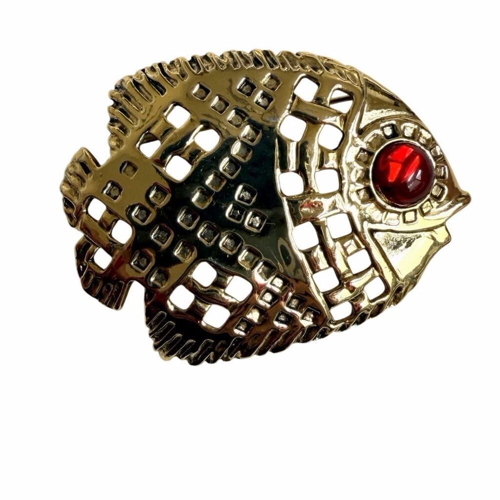 Vintage Gold Tone Fish Brooch Red Cabochon Eye